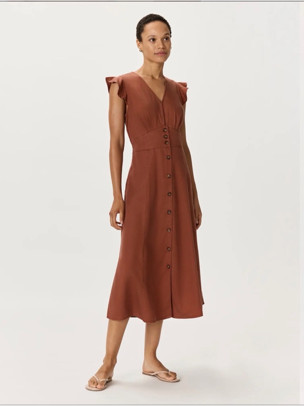 Quince Vintage Wash Tencel Button Front Midi Dress Medium Terracotta